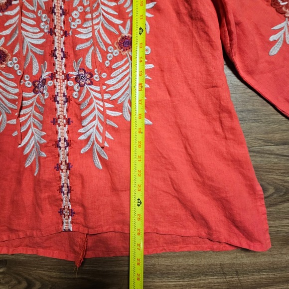 Johnny Was Maya Embroidered Linen Tie Neck Peasant Blouse Top XL Coastal Resort - Picture 5 of 6